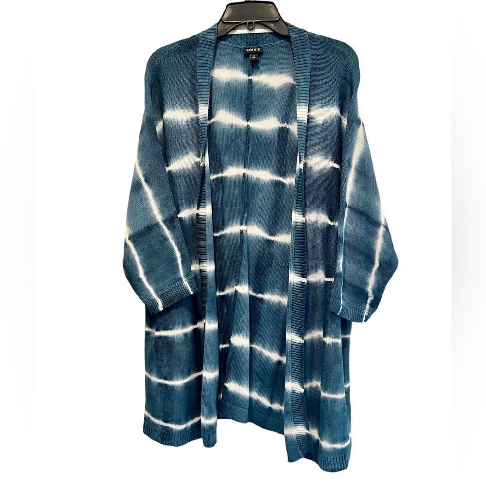 Torrid Blue White Cardigan Long Line Tie Dye Dip Dye Soft Cotton Blend Boho 2X